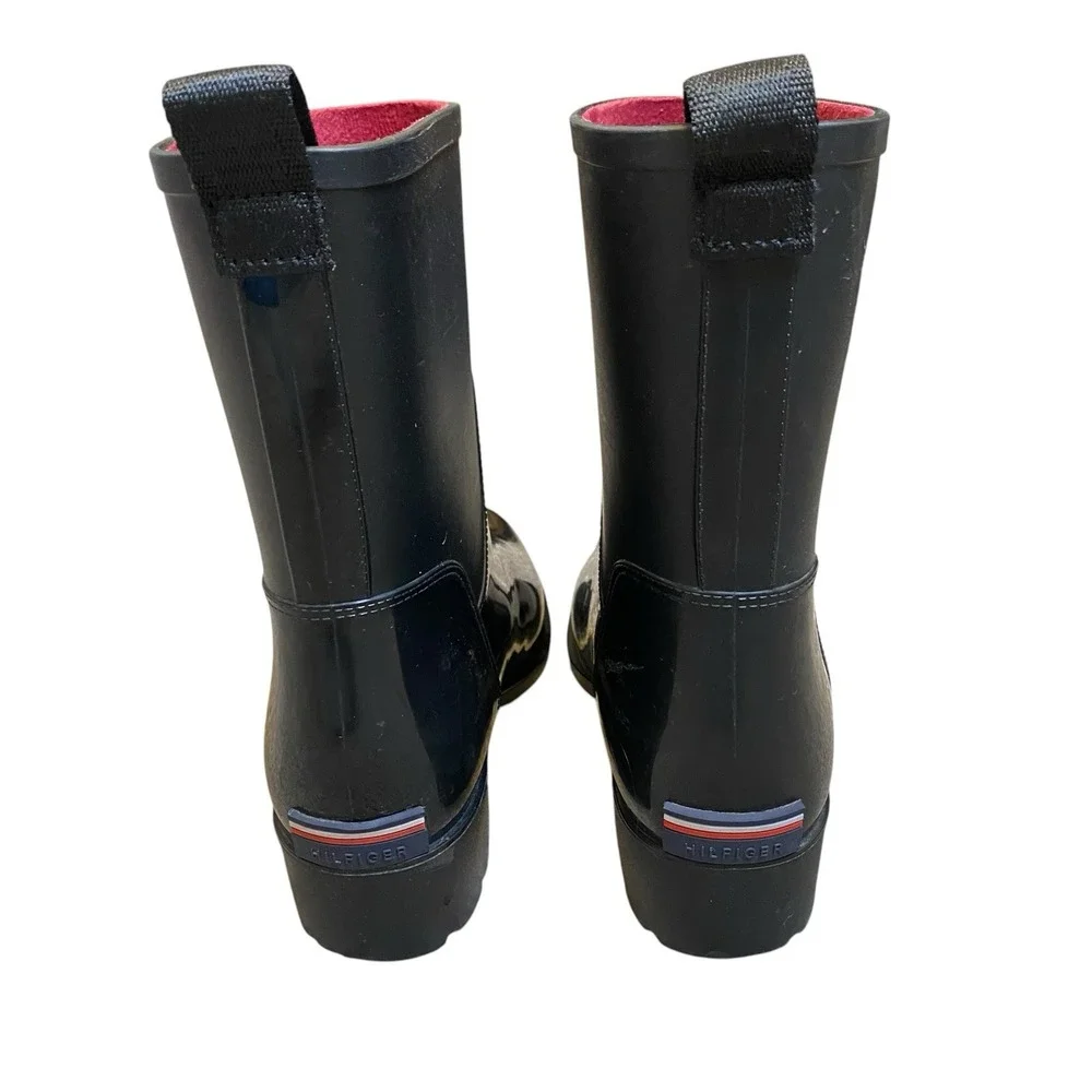 Black Glossy Rain Boots Women 7M Black Glossy Mid Calf Logo Tommy Hilfiger